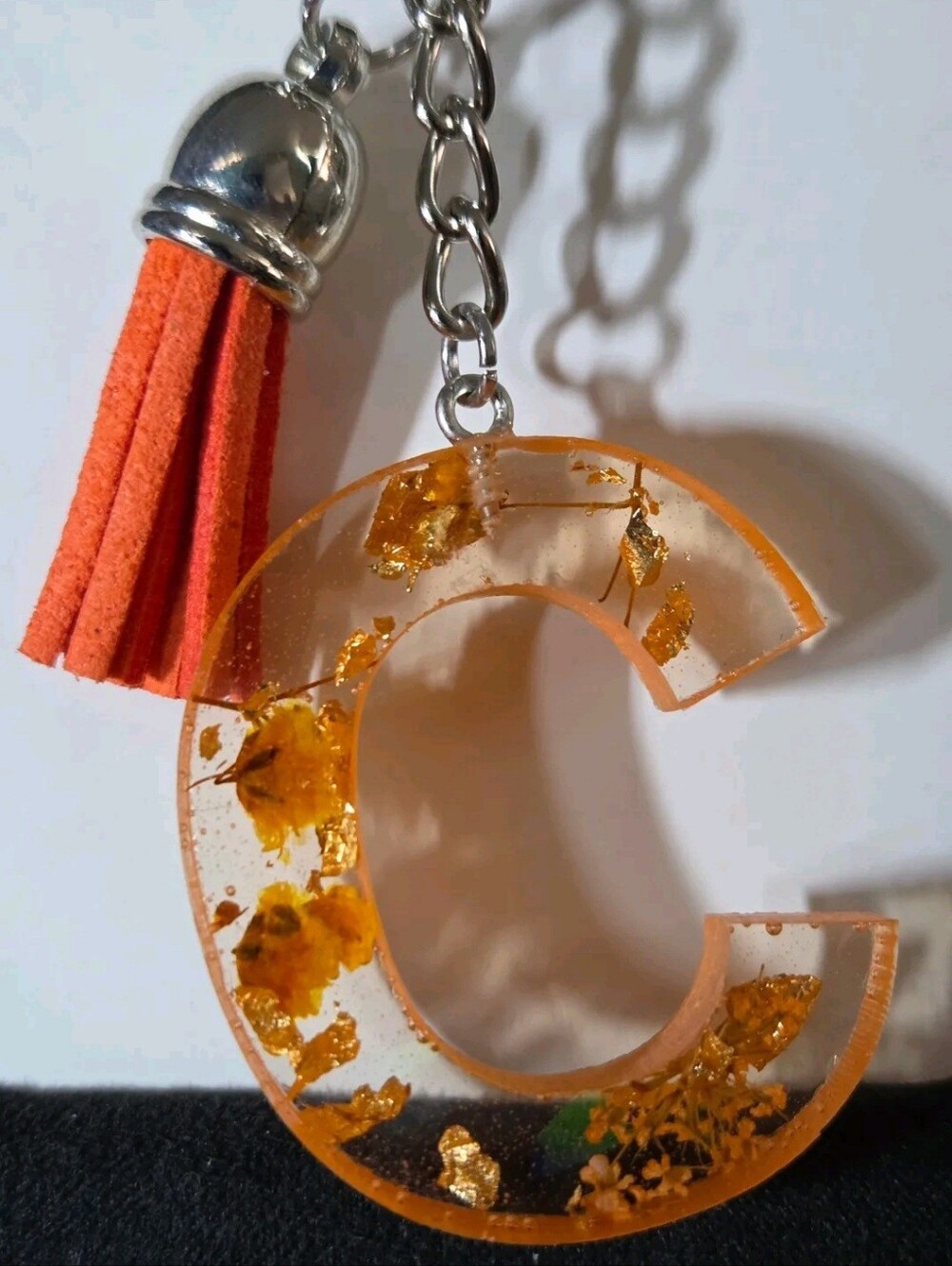 Initial C Resin Keychain with Orange Tassel